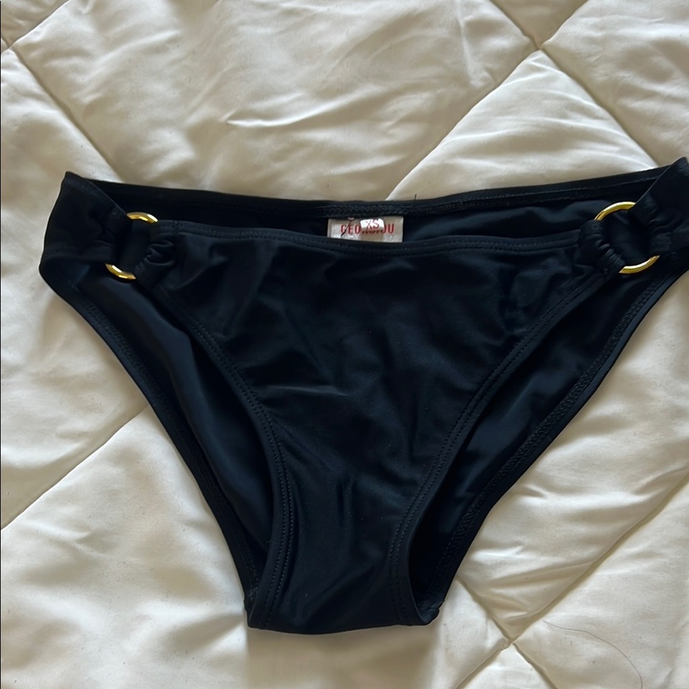 NEVER WORN Black Bikini Bottom with Gold Ring Accents Size XS